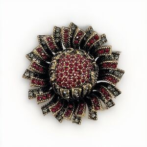 Vintage HAR Red Rhinestone Flower Brooch Gold Tone 2” Signed Statement Pin